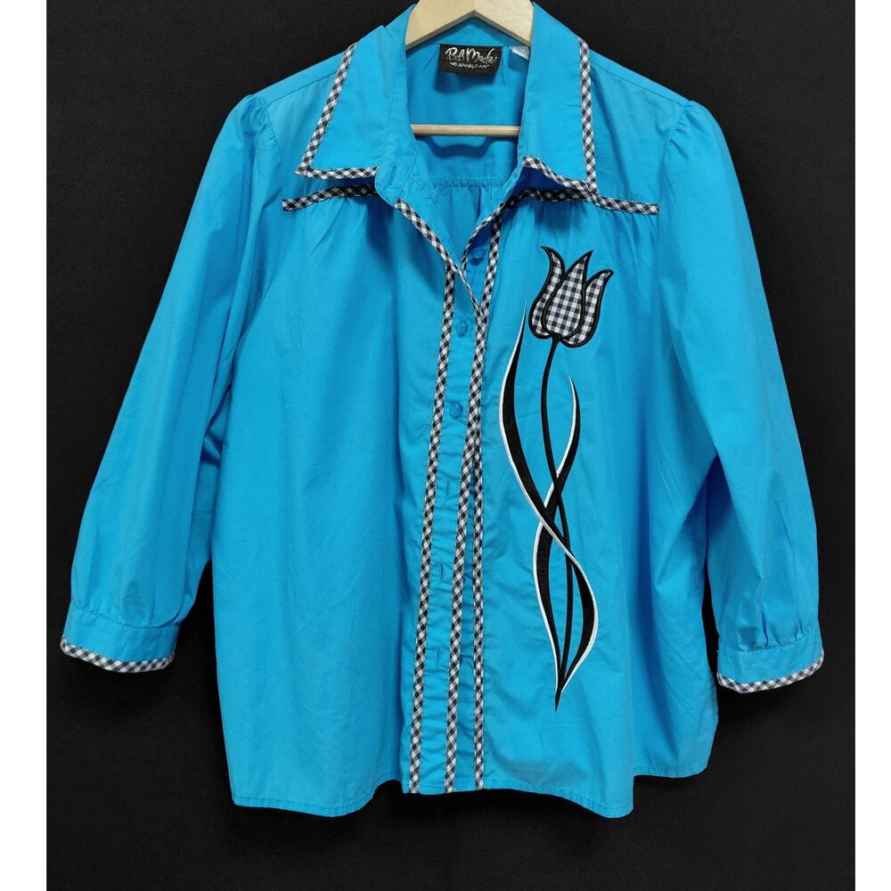Bob Mackie Wearable Art Blue Button-Up Shirt Graphic Print 3/4 Sleeve Size L